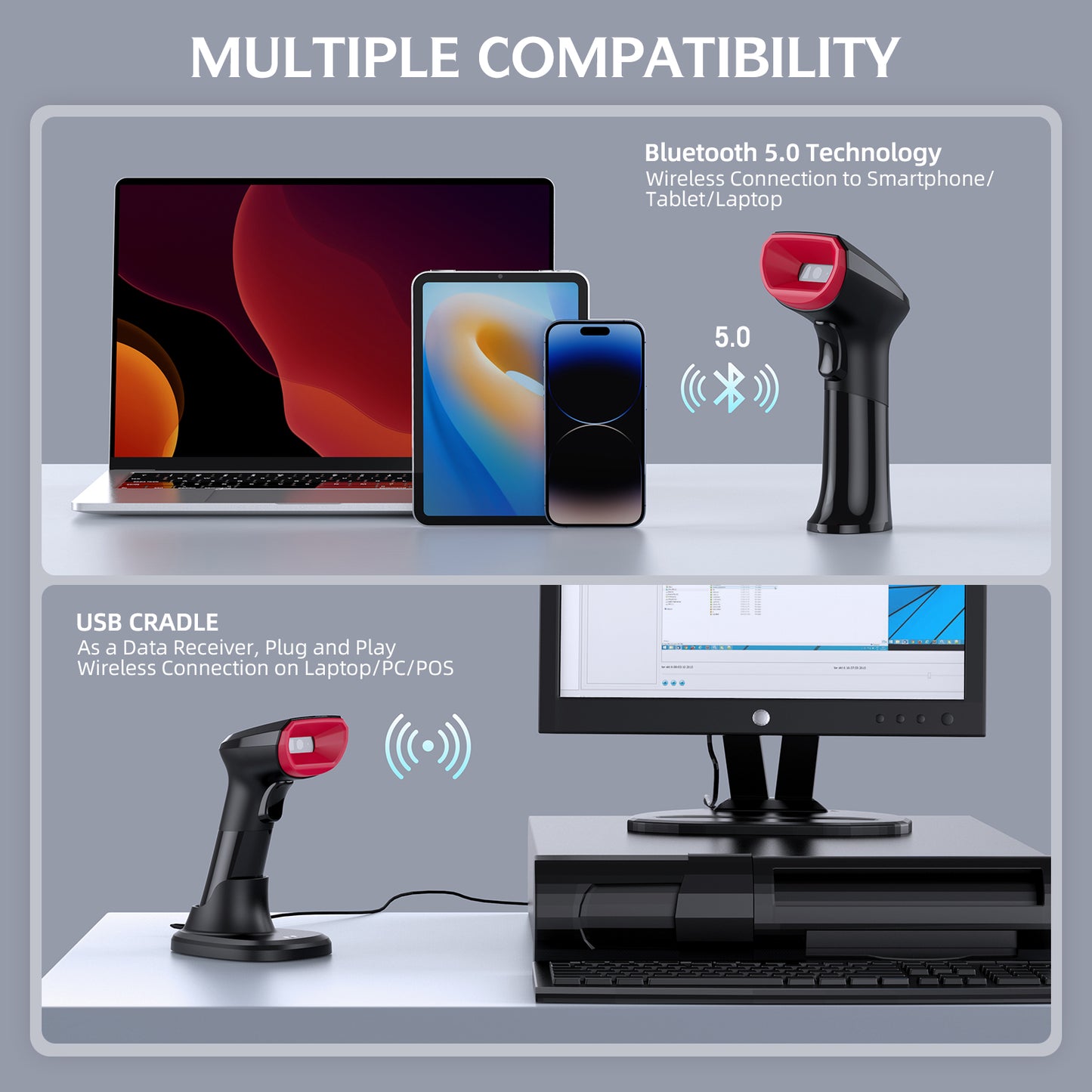 TEEMI TMSL-58CR 1D/2D Bluetooth Barcode Scanner with Smart USB Cradle | Easy Swap Replaceable Battery | Automatic Charging Base | Hands-Free Auto Sense Mode for Fast Scanning