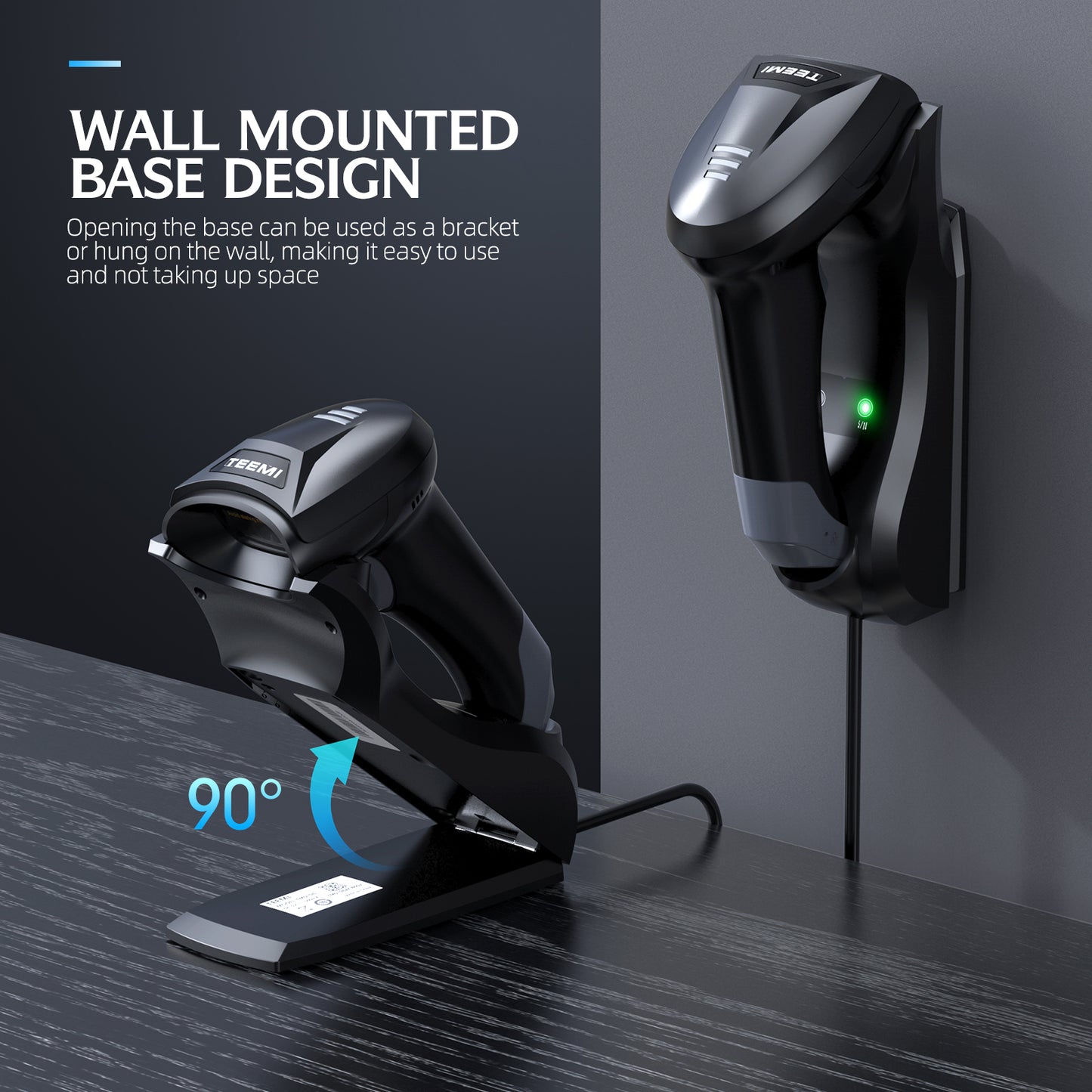 TEEMI TMSL-56CR QR Bluetooth 5.0 Barcode Scanner with Wall Mountable USB Charging Cradle Data Receiver, 1D 2D Wireless CMOS Screen Scanning PDF417 Data Matrix, Max 300 Yards Transfer Range