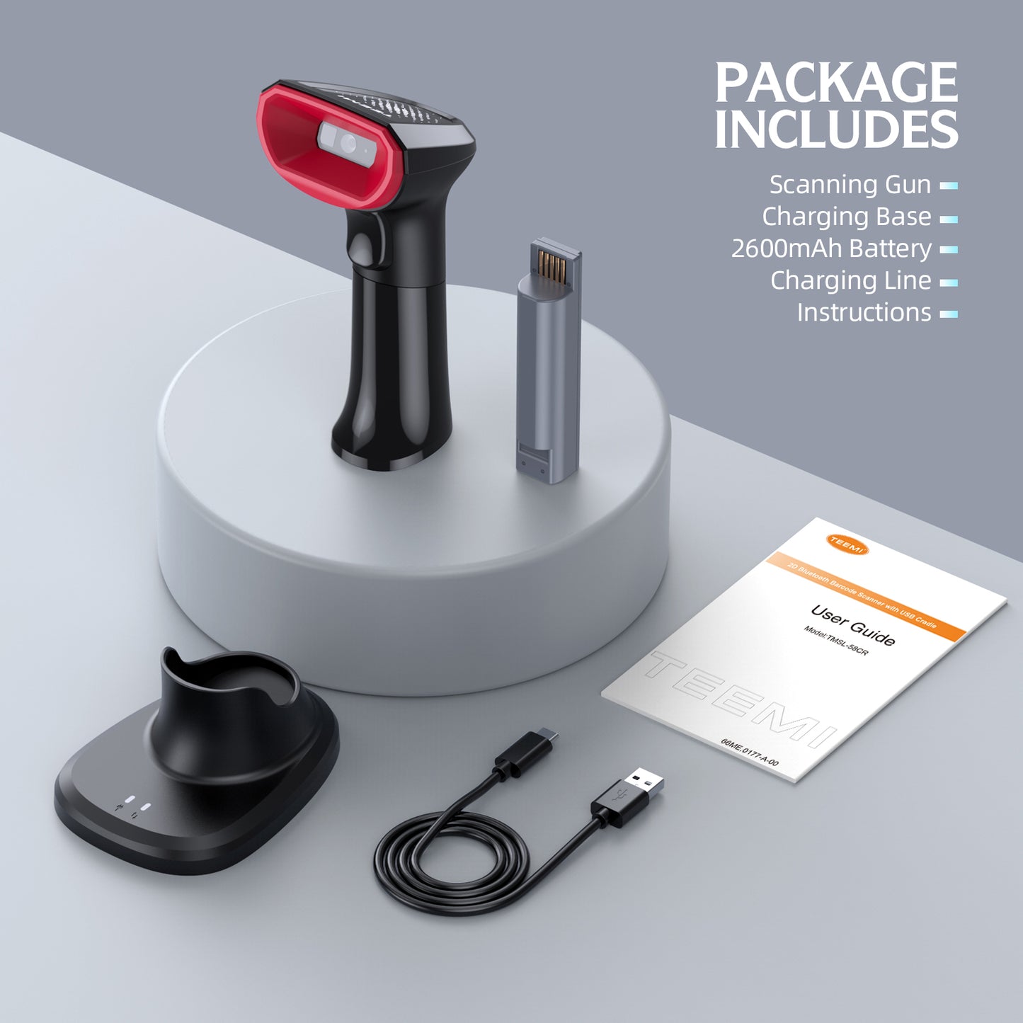 TEEMI TMSL-58CR 1D/2D Bluetooth Barcode Scanner with Smart USB Cradle | Easy Swap Replaceable Battery | Automatic Charging Base | Hands-Free Auto Sense Mode for Fast Scanning