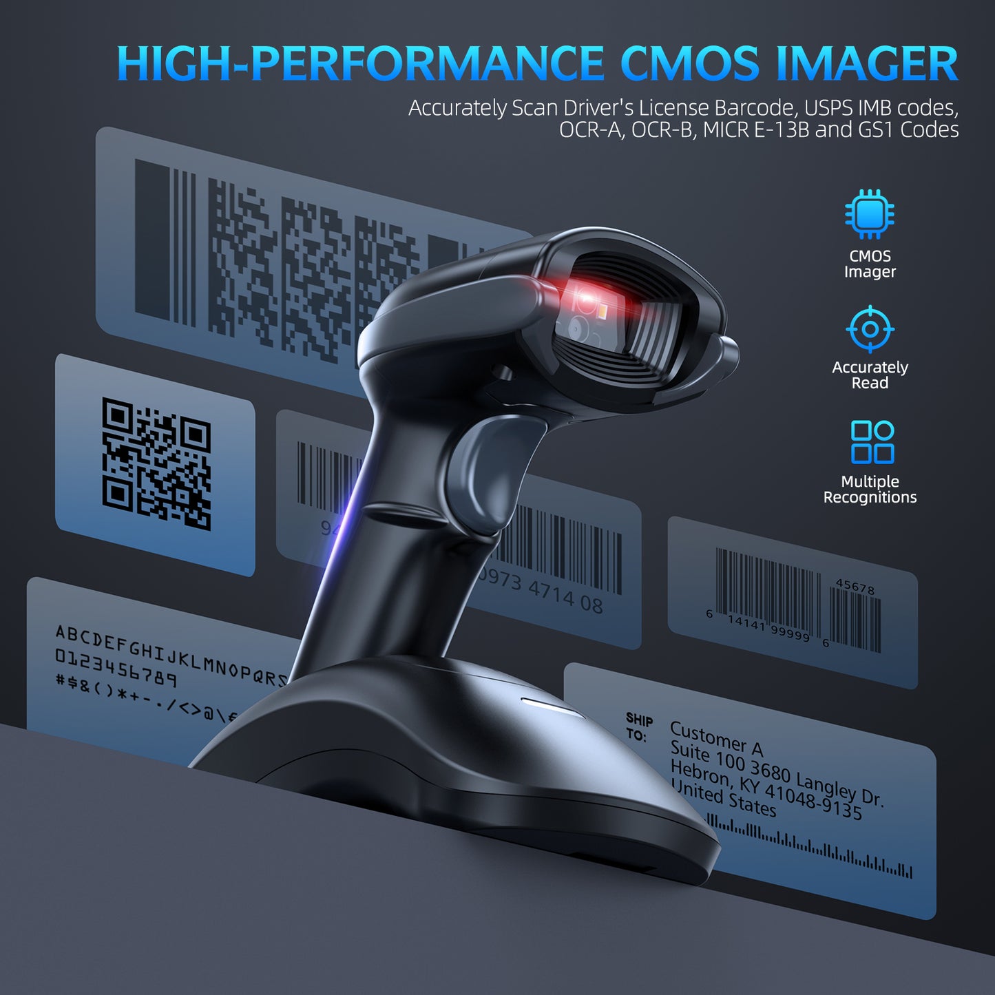 TEEMI TMSL-55CR 1D 2D Bluetooth Barcode Scanner with USB Cradle Data Receiver Charge Station, QR Wireless Automatic Omnidirectional Screen Scanning Driver's License, Digital Coupon, Postal and OCR Code