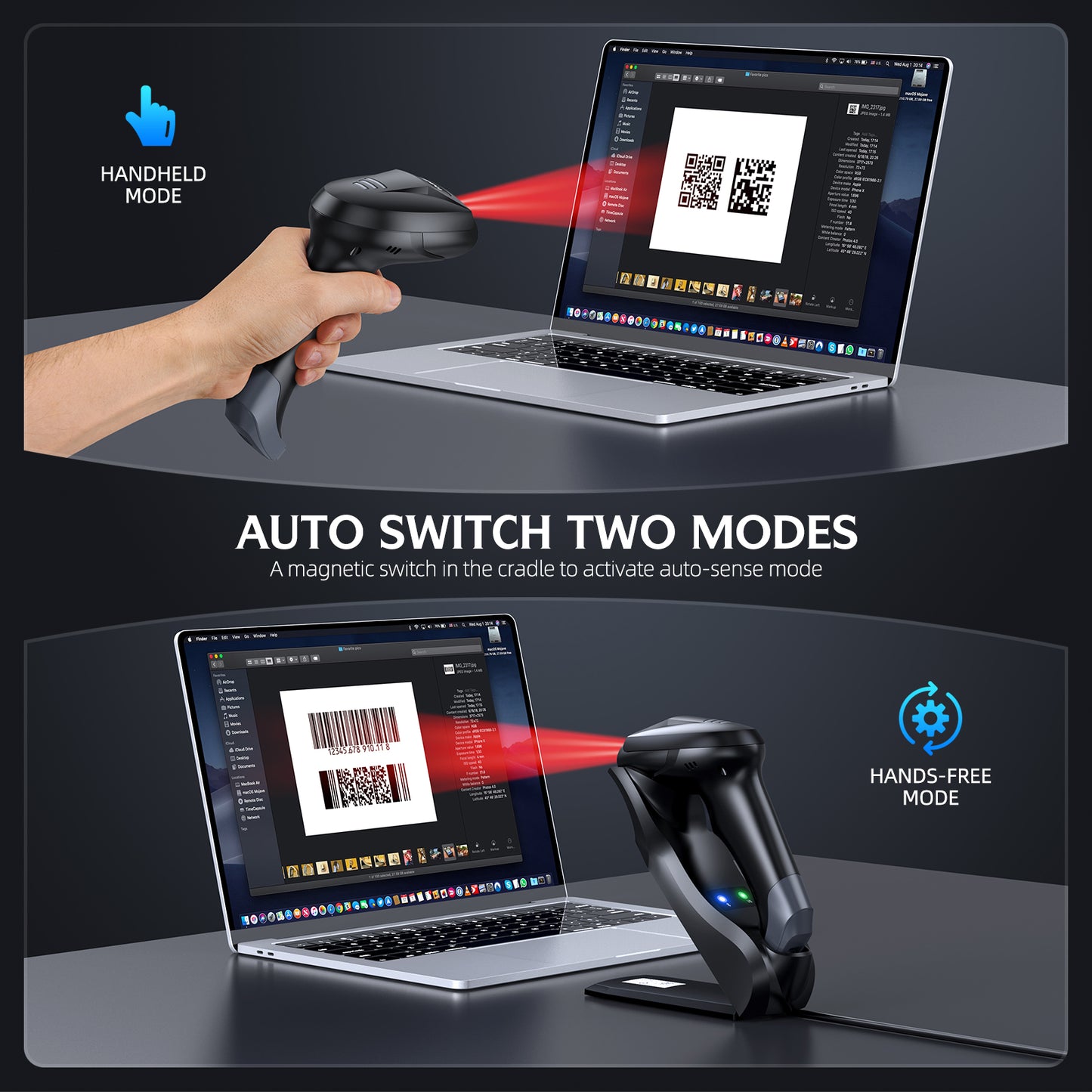 TEEMI TMSL-56CR QR Bluetooth 5.0 Barcode Scanner with Wall Mountable USB Charging Cradle Data Receiver, 1D 2D Wireless CMOS Screen Scanning PDF417 Data Matrix, Max 300 Yards Transfer Range