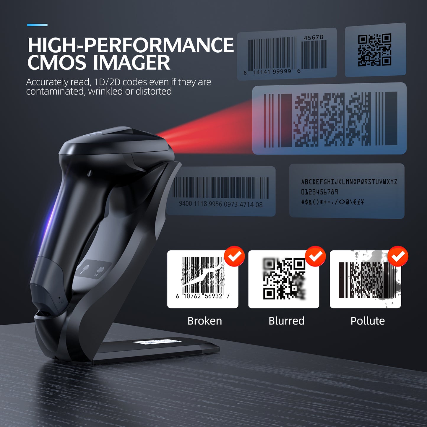 TEEMI TMSL-56CR QR Bluetooth 5.0 Barcode Scanner with Wall Mountable USB Charging Cradle Data Receiver, 1D 2D Wireless CMOS Screen Scanning PDF417 Data Matrix, Max 300 Yards Transfer Range