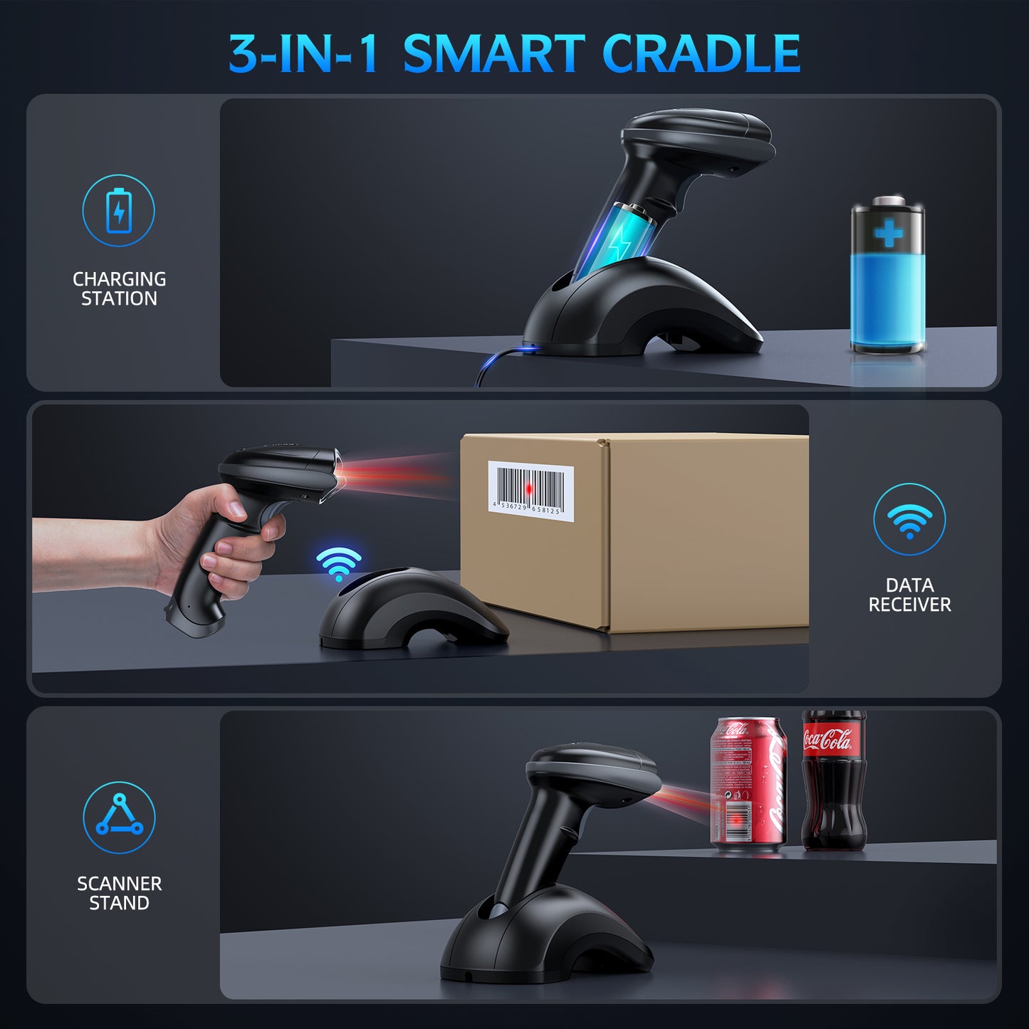 TEEMI TMSL-55CR 1D 2D Bluetooth Barcode Scanner with USB Cradle Data Receiver Charge Station, QR Wireless Automatic Omnidirectional Screen Scanning Driver's License, Digital Coupon, Postal and OCR Code